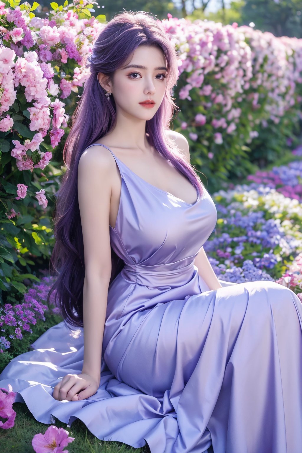 (masterpiece, best quality:1.2), highres, extremely detailed, 1 girl, purple hair, eye highlights,purple dress, frills, outdoors, flower, fluttering petals, full body, sitting,depth of field,pastel color, Depth of field,garden of the sun,shiny,flowers, garden, 1girl, butterfly style, butterflies, ultra detailed, glary,Light, light particles,glitter,reflect,,(big breasts:1.37),Xyunxiao,full moon