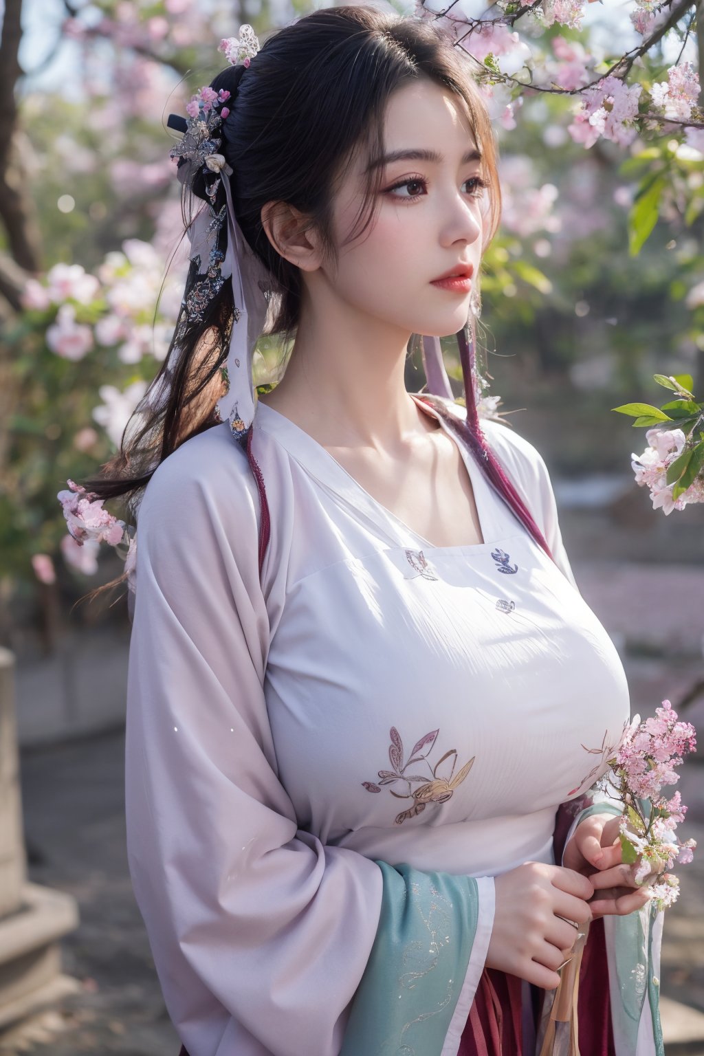 (masterpiece, best quality:1.2), highres, extremely detailed, 1 girl, purple hair, eye highlights,(light red hanfu dress:1.29), frills, outdoors, flower, fluttering petals, upper body, depth of field,pastel color, Depth of field,garden of the sun,shiny,flowers, garden, 1girl, butterfly style, butterflies, ultra detailed, glary,Light, light particles,glitter,reflect,,(big breasts:1.6),Xyunxiao,(full moon:1.29),waterfall 