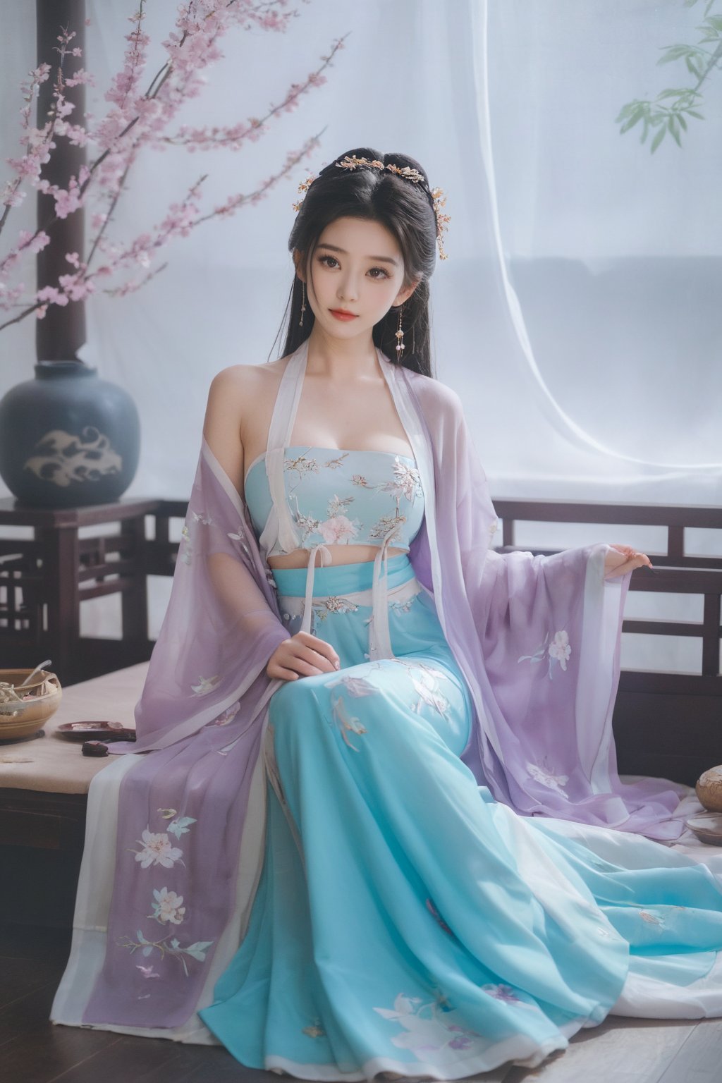 (masterpiece, best quality:1.2),1girl, solo, long hair, black hair,Hairpins,necklace, hair ornament, dress, full body, (huge breasts:2.29), (full breasts:1.69),flower, earrings, indoors, hair bun, (light purple-cyan dress:1.29),(Tube top Hanfu long skirt:1.1), pillow, bed, night, chinese clothes, table, branch,daxiushan, ,daxiushan style,(huge breasts:2.39), (full breasts:1.79), realistic,hanfu, daxiushan,Shoulders are exposed, , daxiushan, arien_hanfu, FilmGirl,,Xyunxiao,weijin_hanfu,Xningyudie