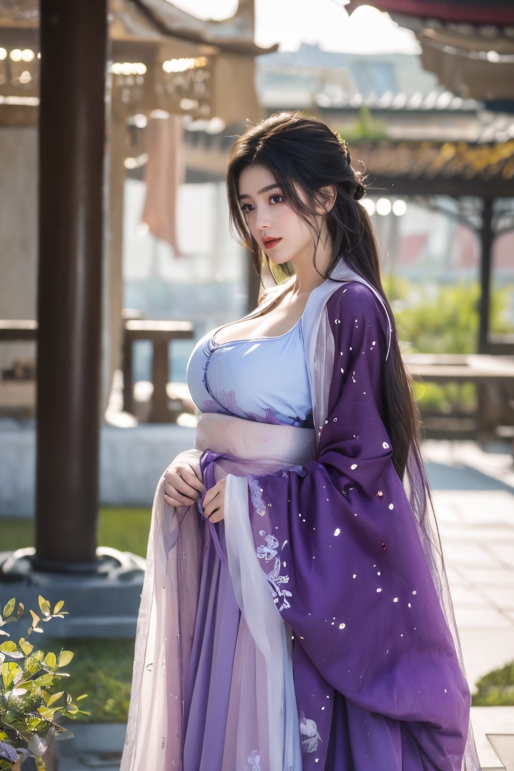 (masterpiece, best quality:1.2), highres, extremely detailed, 1 girl, very long hair, eye highlights,
BREAK,
(purple hanfu dress:1.39), frills, outdoors, flower, fluttering petals, pefect body, depth of field,pastel color, Depth of field,garden of the sun,shiny,flowers, garden, 1girl, (butterfly style, butterflies:1.23), ultra detailed, glary,Light, light particles,glitter,reflect,,(big breasts:1.62),Xyunxiao,(full moon:1.39),