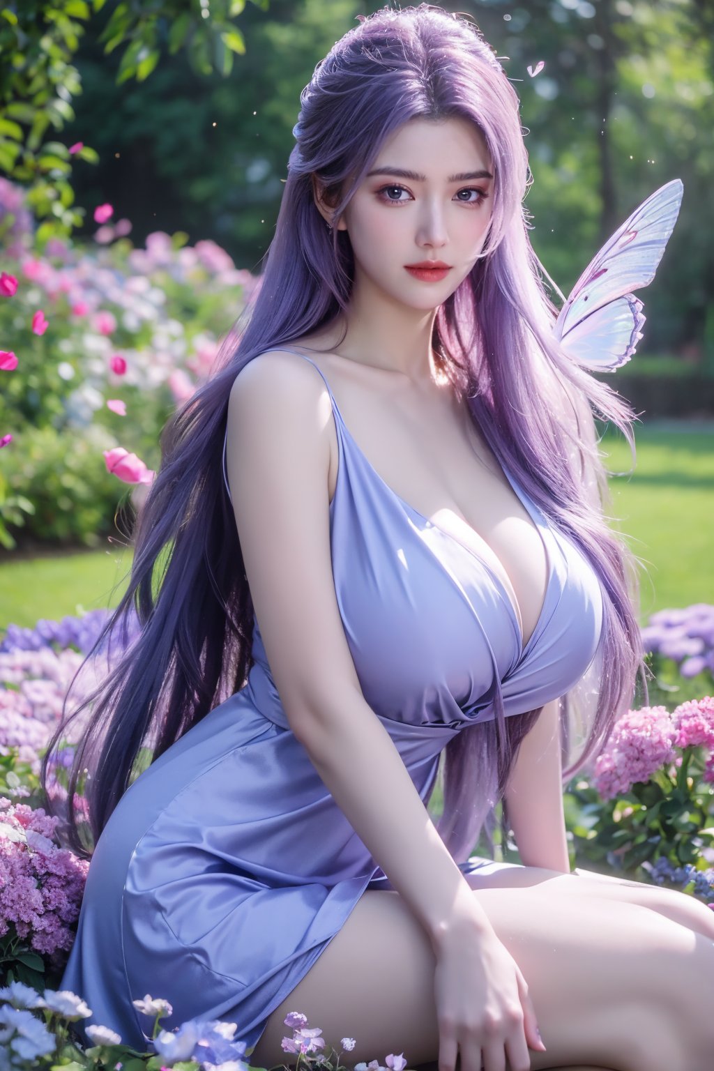 (masterpiece, best quality:1.2), highres, extremely detailed, 1 girl, purple hair, eye highlights,purple dress, frills, outdoors, flower, fluttering petals, full body, sitting,depth of field,pastel color, Depth of field,garden of the sun,shiny,flowers, garden, 1girl, butterfly style, butterflies, ultra detailed, glary,Light, light particles,glitter,reflect,,(big breasts:1.37),Xyunxiao,full moon