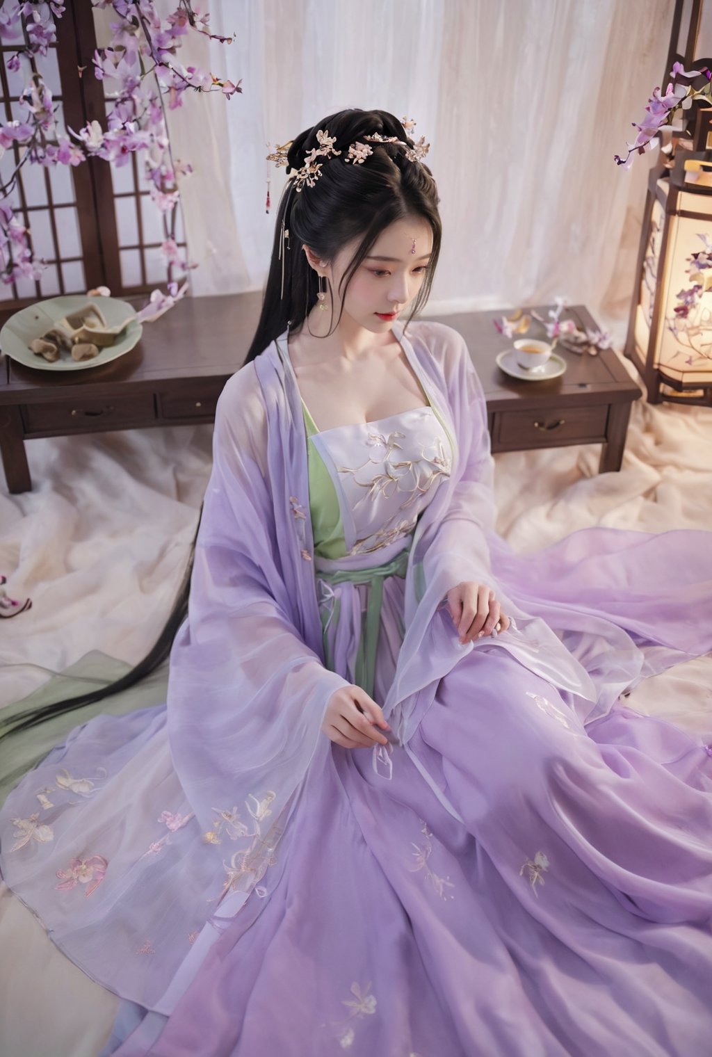 (masterpiece, best quality:1.2),1girl, solo, long hair, black hair,Hairpins,necklace, hair ornament, dress, full body, flower, earrings, indoors, hair bun, (purple-green dress:1.23),(Tube top Hanfu long skirt:1.1), pillow, bed, night, chinese clothes, table, branch,daxiushan, ,daxiushan style,(huge breasts:1.99), (full breasts:1.59), realistic,hanfu, daxiushan,Shoulders are exposed, , daxiushan, arien_hanfu, FilmGirl,Xningyudie