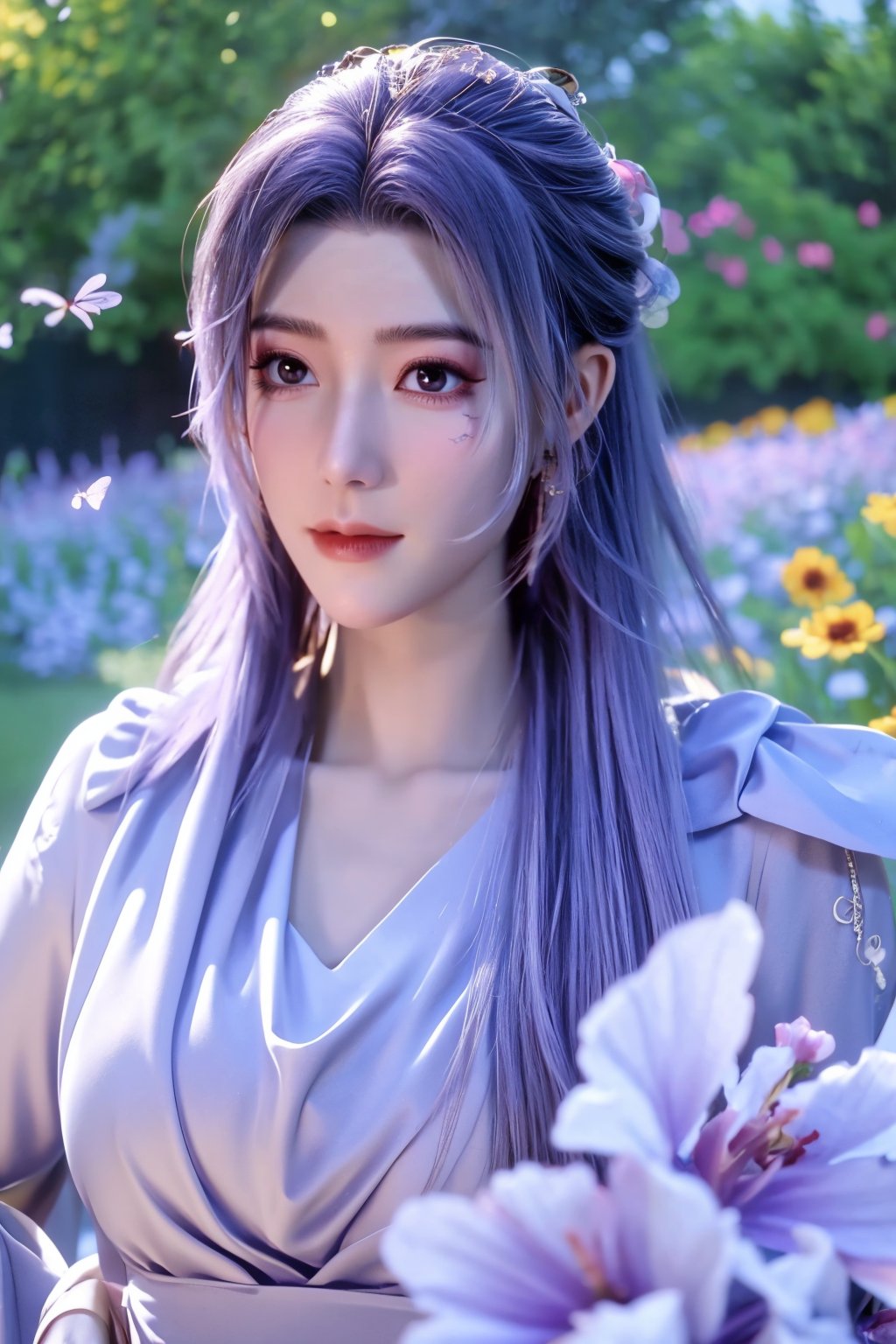 (masterpiece, best quality:1.2), highres, extremely detailed, 1 girl, purple hair, eye highlights,purple dress, frills, outdoors, flower, fluttering petals, upper body, depth of field,pastel color, Depth of field,garden of the sun,shiny,flowers, garden, 1girl, butterfly style, butterflies, ultra detailed, glary,Light, light particles,glitter,reflect,,(big breasts:1.29),Xyunxiao,sky_moon,Ziling