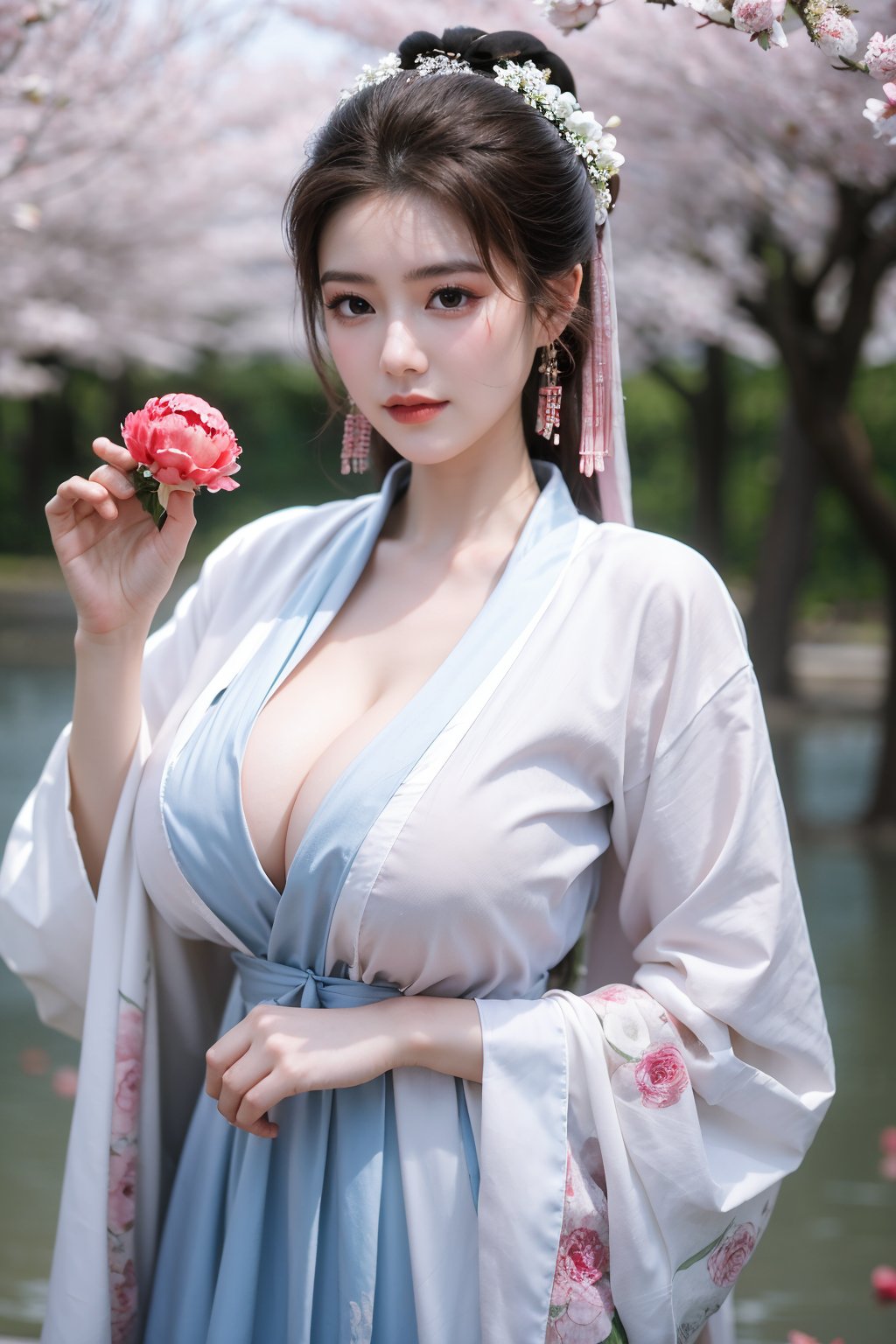 Masterpiece, Best Quality,young and beautiful Chinese girl wearing a cheongsam with coiled hair,wearing vintage Chinese earrings, (big breasts:1.45),1girl, half, (Masterpiece:1.2), best quality,arien_hanfu, 1girl, (spring scene:1.59), (red hanfu dress:1.29),looking_at_viewer, (big breasts:1.69),Young beauty spirit,(The background is the Forbidden City1.39),Xyunxiao,(Large aperture, blurred background, spring scene, peony flowers:1.39)