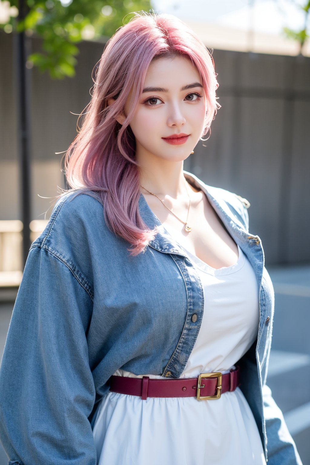 A young girl with vibrant pink hair and long locks framing her heart-shaped face. She gazes directly at the viewer, a warm smile spreading across her closed-mouthed lips. Her green eyes sparkle as she wears a white shirt with a jacket open to reveal a belt and necklace. A bag slung over her shoulder, she stands confidently, her denim jacket worn over a blue one, creating a sense of depth and texture in the blurred background.,Xyunxiao,(big breasts:1.69),Ziling