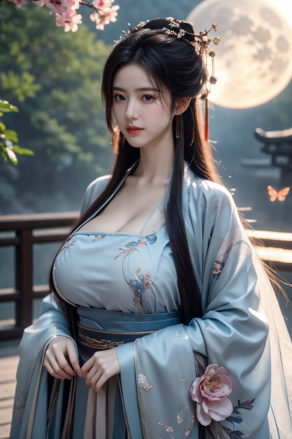 (masterpiece, best quality:1.2), highres, extremely detailed, 1girl, purple hair, eye highlights,BREAK,(light blue hanfu dress:1.39), frills, outdoors, flower, fluttering petals, upper body, depth of field,pastel color, Depth of field,(garden of the sun,shiny,flowers, garden, 1girl, butterfly style, butterflies:1.23), ultra detailed, glary,Light, light particles,glitter,reflect,(big breasts:1.69),Xyunxiao,(full moon:1.39),waterfall 