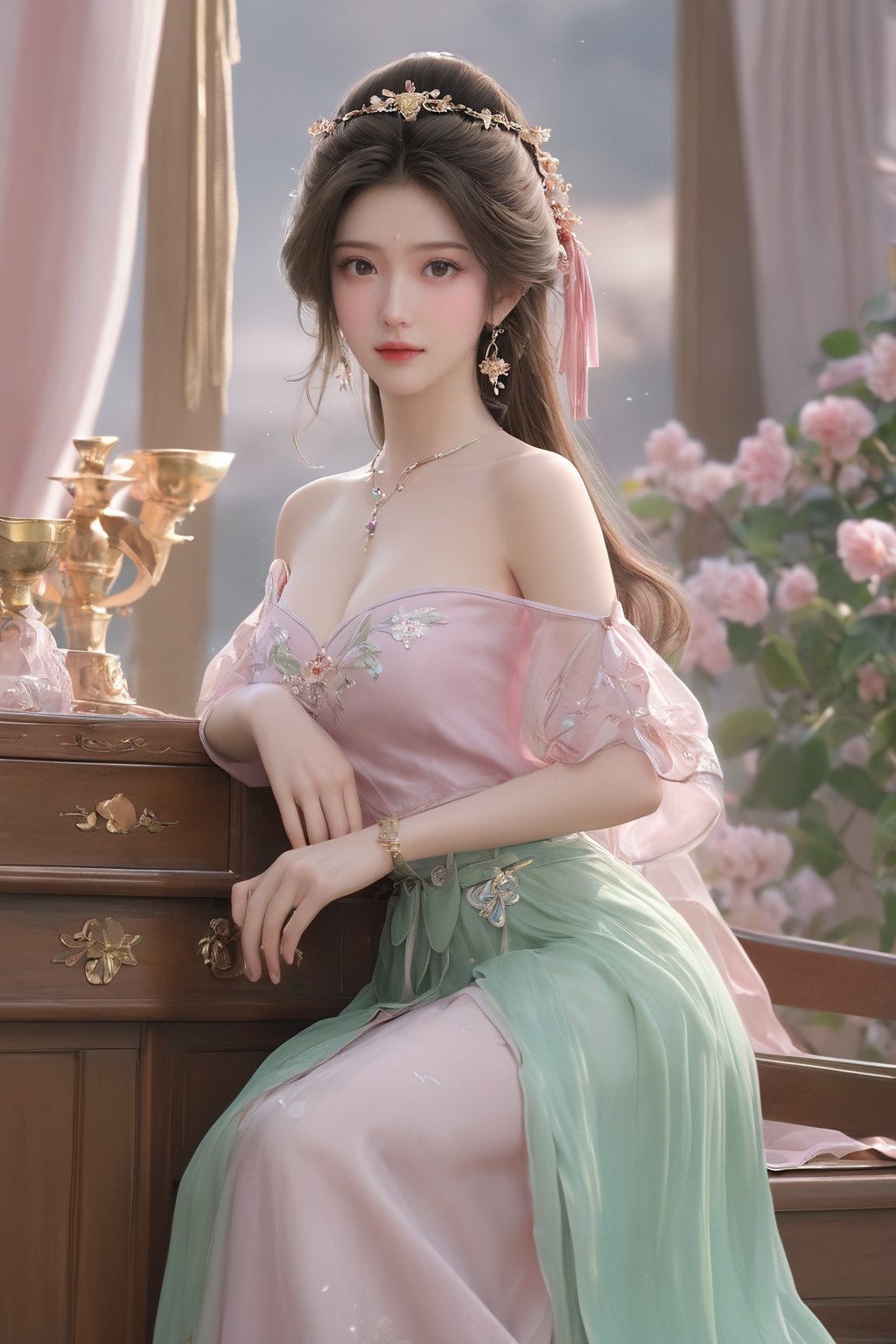   (masterpiece, best quality:1.2), realistic,1girl, solo, looking at viewer, (light pink-green dress:1.29).realistic, midriff, bare shoulders, standting, hair ornament, long hair, jewelry, brown hair, parted lips, skirt, short skirt, cowboy shot,Xyunxiao, ,(huge breasts:1.69), 