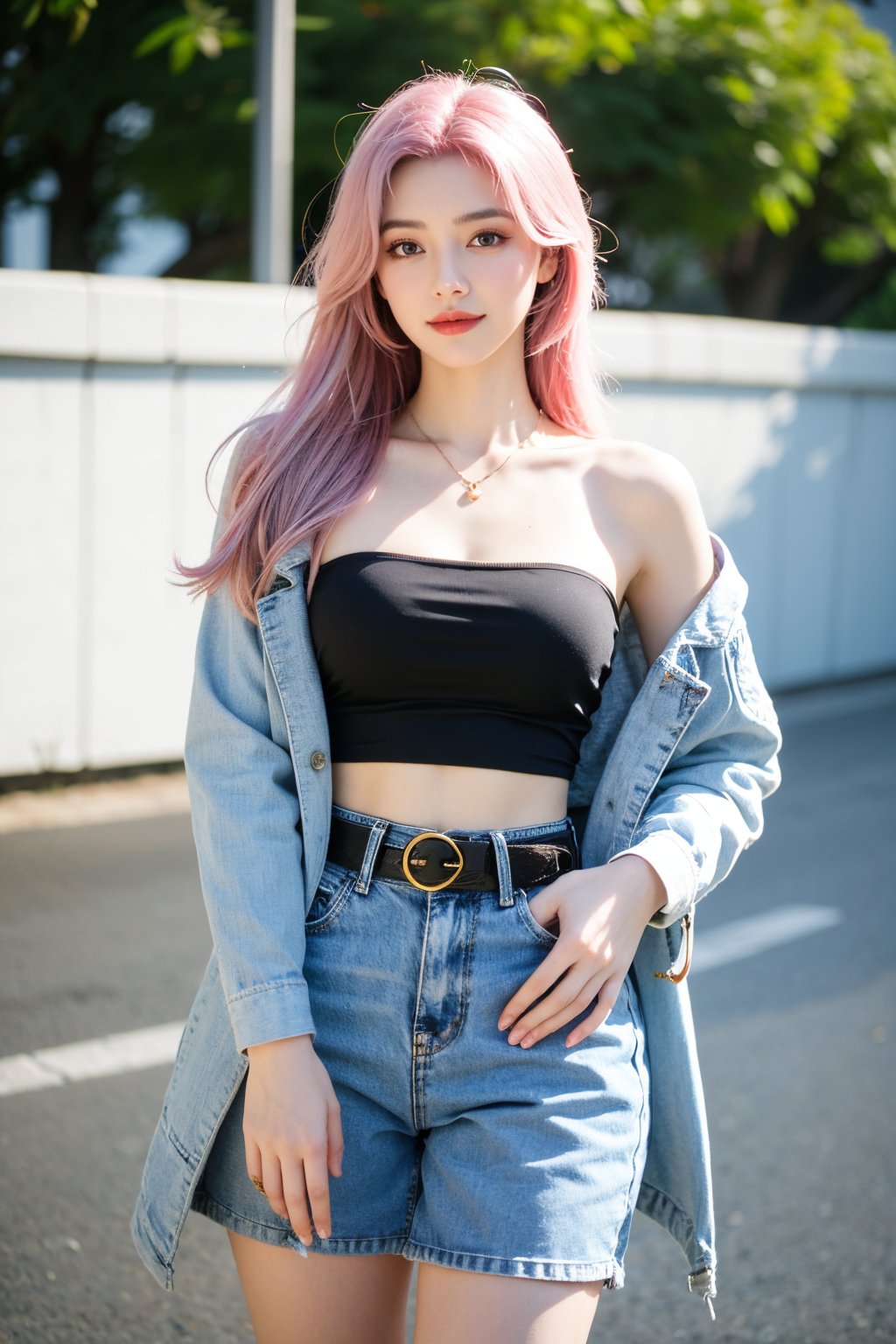 A young woman with vibrant pink hair and long locks framing her heart-shaped face. She gazes directly at the viewer, a warm smile spreading across her closed-mouthed lips. Her green eyes sparkle as she wears a white shirt with a jacket open to reveal a belt and necklace. A bag slung over her shoulder, she stands confidently, her denim jacket worn over a blue one, creating a sense of depth and texture in the blurred background.,Xyunxiao,(big breasts:1.39),