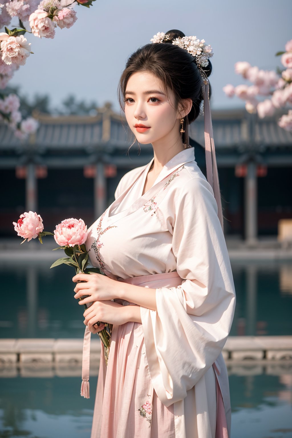 Masterpiece, Best Quality,young and beautiful Chinese girl wearing a cheongsam with coiled hair,wearing vintage Chinese earrings, (big breasts:1.45),1girl, half, (Masterpiece:1.2), best quality,arien_hanfu, 1girl, (spring scene:1.59), (light pink hanfu dress:1.29),looking_at_viewer, (big breasts:1.69),Young beauty spirit,(The background is the Forbidden City1.39),Xyunxiao,(Large aperture, blurred background, spring scene, peony flowers:1.39)