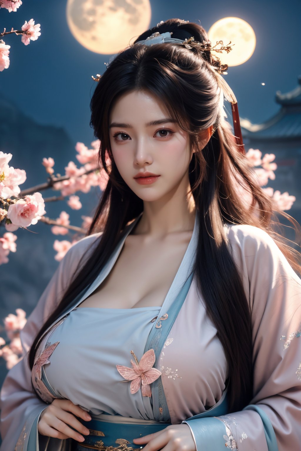 (masterpiece, best quality:1.2), highres, extremely detailed, 1girl, purple hair, eye highlights,BREAK,(light pink hanfu dress:1.39), frills, outdoors, flower, fluttering petals, upper body, depth of field,pastel color, Depth of field,(garden of the sun,shiny,flowers, garden, 1girl, butterfly style, butterflies:1.23), ultra detailed, glary,Light, light particles,glitter,reflect,(big breasts:1.69),Xyunxiao,(full moon:1.39),waterfall 