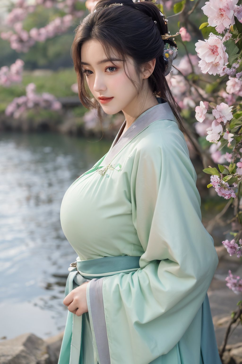 (masterpiece, best quality:1.2), highres, extremely detailed, 1 girl, purple hair, eye highlights,BREAK,(light green hanfu dress:1.39), frills, outdoors, flower, fluttering petals, upper body, depth of field,pastel color, Depth of field,garden of the sun,shiny,flowers, garden, 1girl, butterfly style, butterflies, ultra detailed, glary,Light, light particles,glitter,reflect,,(big breasts:1.69),Xyunxiao,(full moon:1.29),waterfall 