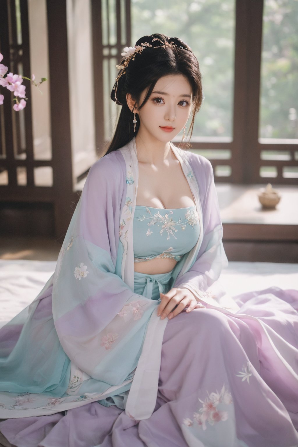 (masterpiece, best quality:1.2),1girl, solo, long hair, black hair,Hairpins,necklace, hair ornament, dress, full body, (huge breasts:2.29), (full breasts:1.69),flower, earrings, indoors, hair bun, (light purple-cyan dress:1.29),(Tube top Hanfu long skirt:1.1), pillow, bed, night, chinese clothes, table, branch,daxiushan, ,daxiushan style,(huge breasts:2.39), (full breasts:1.79), realistic,hanfu, daxiushan,Shoulders are exposed, , daxiushan, arien_hanfu, FilmGirl,,Xyunxiao,weijin_hanfu,Xningyudie