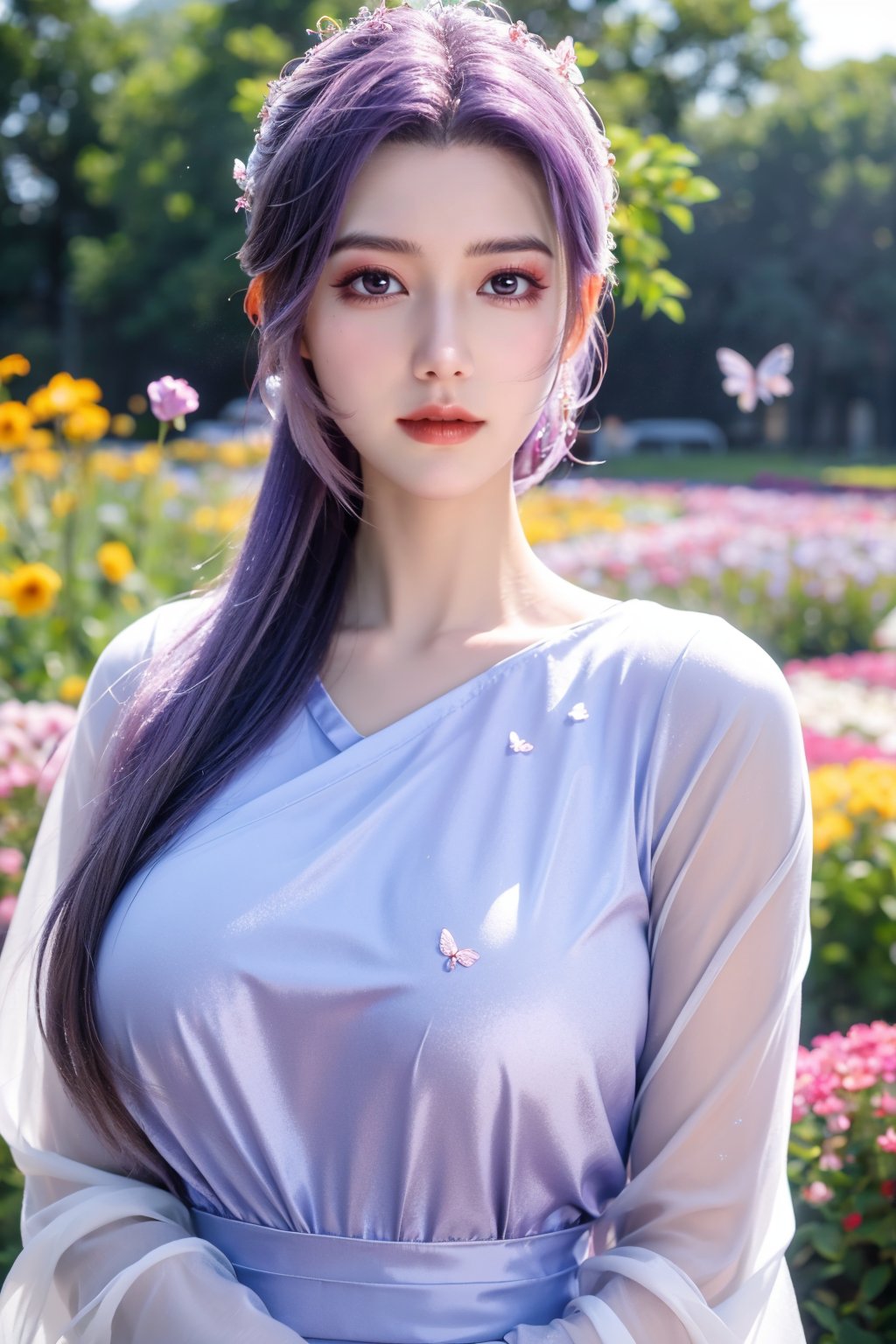 (masterpiece, best quality:1.2), highres, extremely detailed, 1 girl, purple hair, eye highlights,purple dress, frills, outdoors, flower, fluttering petals, upper body, depth of field,pastel color, Depth of field,garden of the sun,shiny,flowers, garden, 1girl, butterfly style, butterflies, ultra detailed, glary,Light, light particles,glitter,reflect,,(big breasts:1.29),Xyunxiao,sky_moon