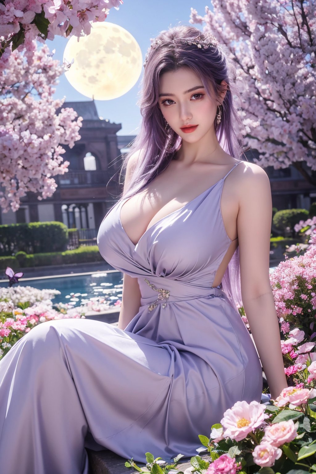 (masterpiece, best quality:1.2), highres, extremely detailed, 1 girl, purple hair, eye highlights,purple dress, frills, outdoors, flower, fluttering petals, full body, sitting,depth of field,pastel color, Depth of field,garden of the sun,shiny,flowers, garden, 1girl, butterfly style, butterflies, ultra detailed, glary,Light, light particles,glitter,reflect,,(big breasts:1.33),Xyunxiao,(full moon:1.23)