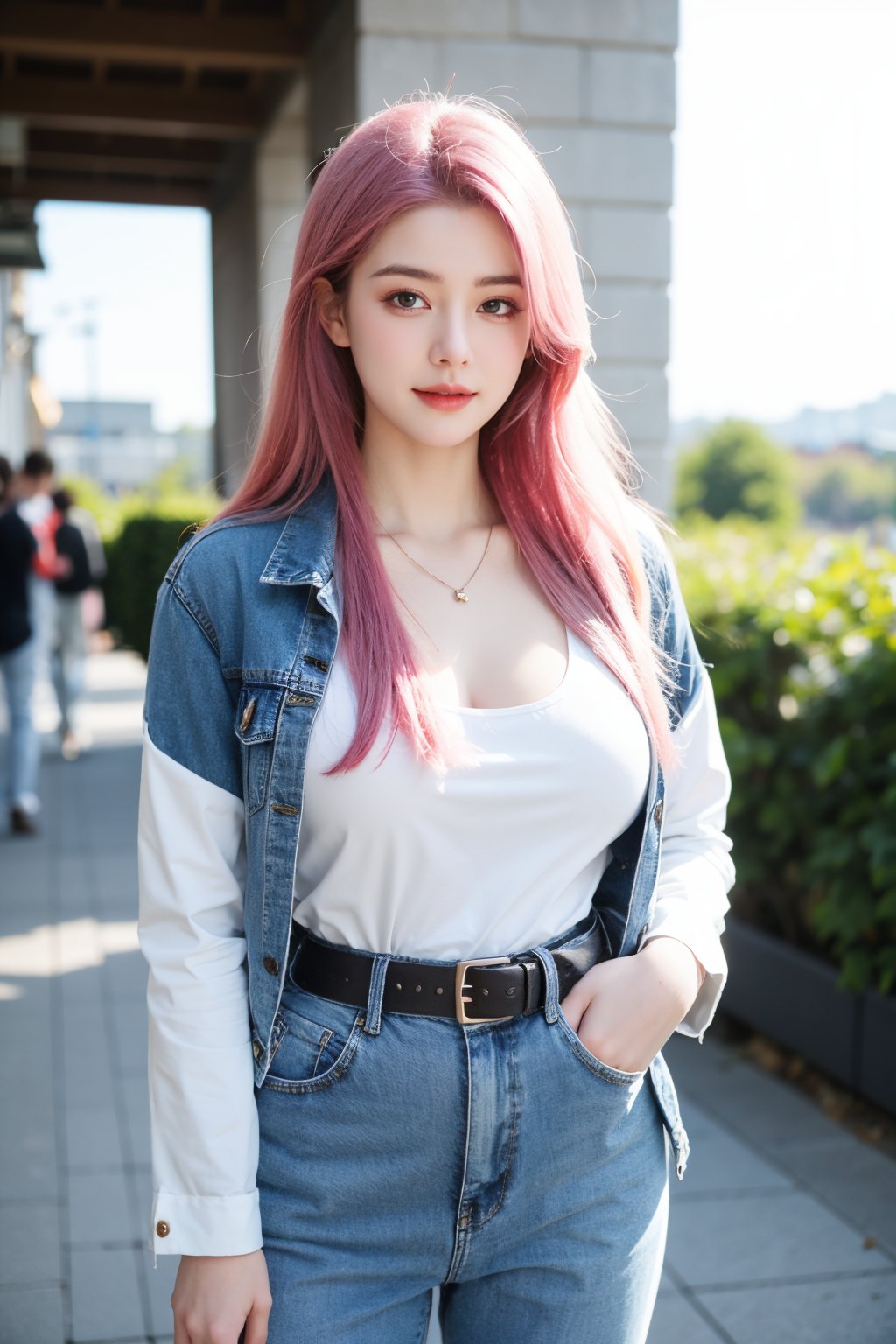 A young woman with vibrant pink hair and long locks framing her heart-shaped face. She gazes directly at the viewer, a warm smile spreading across her closed-mouthed lips. Her green eyes sparkle as she wears a white shirt with a jacket open to reveal a belt and necklace. A bag slung over her shoulder, she stands confidently, her denim jacket worn over a blue one, creating a sense of depth and texture in the blurred background.,Xyunxiao,(big breasts:1.39),