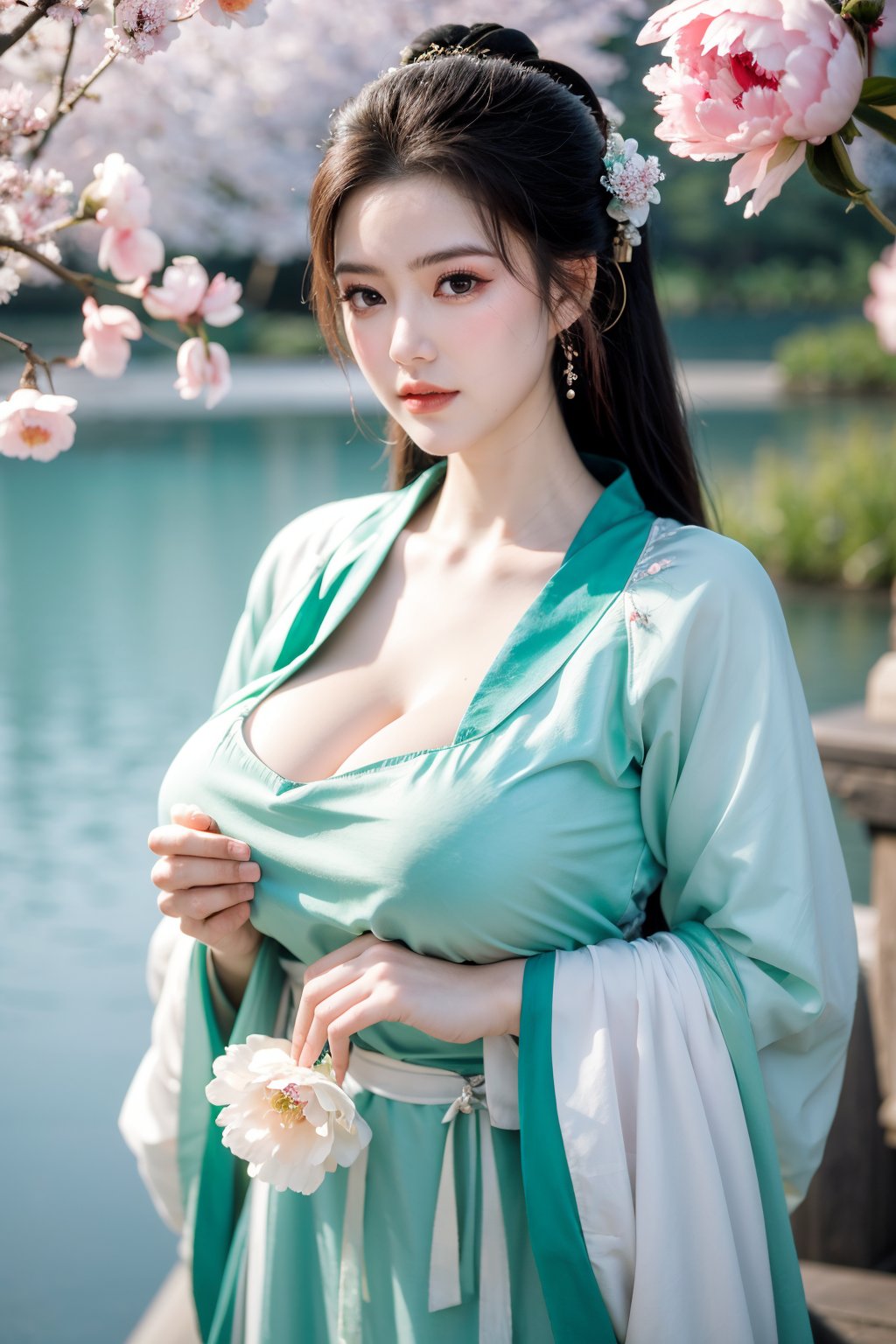 Masterpiece, Best Quality,young and beautiful Chinese girl wearing a cheongsam with coiled hair,wearing vintage Chinese earrings, (big breasts:1.45),1girl, half, (Masterpiece:1.2), best quality,arien_hanfu, 1girl, (spring scene:1.59), (light green hanfu dress:1.29),looking_at_viewer, (big breasts:1.69),Young beauty spirit,(The background is the Forbidden City1.39),Xyunxiao,(Large aperture, blurred background, spring scene, peony flowers:1.39)