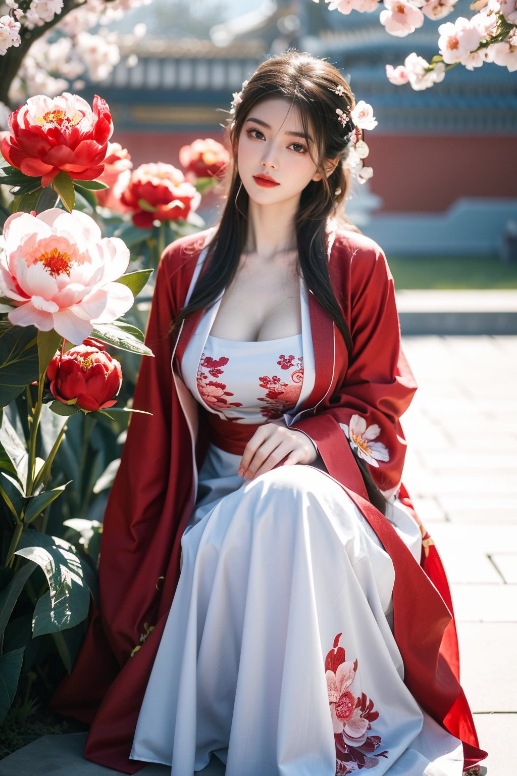 Masterpiece, Best Quality,young and beautiful Chinese girl wearing a cheongsam with coiled hair,wearing vintage Chinese earrings, (big breasts:1.45),1girl, half, (Masterpiece:1.2), best quality,red arien_hanfu, 1girl, (spring scene:1.59), (red hanfu dress:1.52),looking_at_viewer, (big breasts:1.69),Young beauty spirit,(The background is the Forbidden City1.39),Xyunxiao,(Large aperture, blurred background, spring scene, peony flowers:1.39)