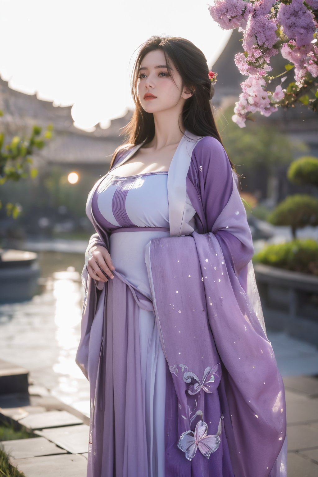 (masterpiece, best quality:1.2), highres, extremely detailed, 1 girl, very long hair, eye highlights,
BREAK,
(purple hanfu dress:1.39), frills, outdoors, flower, fluttering petals, pefect body, depth of field,pastel color, Depth of field,garden of the sun,shiny,flowers, garden, 1girl, (butterfly style, butterflies:1.23), ultra detailed, glary,Light, light particles,glitter,reflect,,(big breasts:1.62),Xyunxiao,(full moon:1.39),