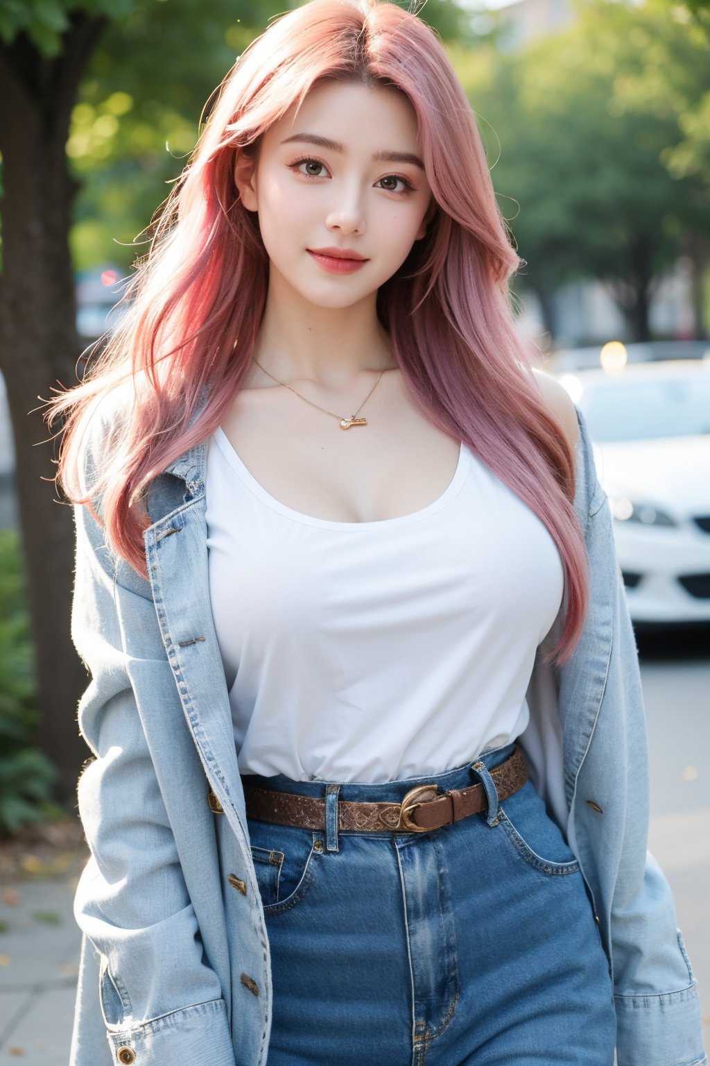 A young woman with vibrant pink hair and long locks framing her heart-shaped face. She gazes directly at the viewer, a warm smile spreading across her closed-mouthed lips. Her green eyes sparkle as she wears a white shirt with a jacket open to reveal a belt and necklace. A bag slung over her shoulder, she stands confidently, her denim jacket worn over a blue one, creating a sense of depth and texture in the blurred background.,Xyunxiao,(big breasts:1.39),