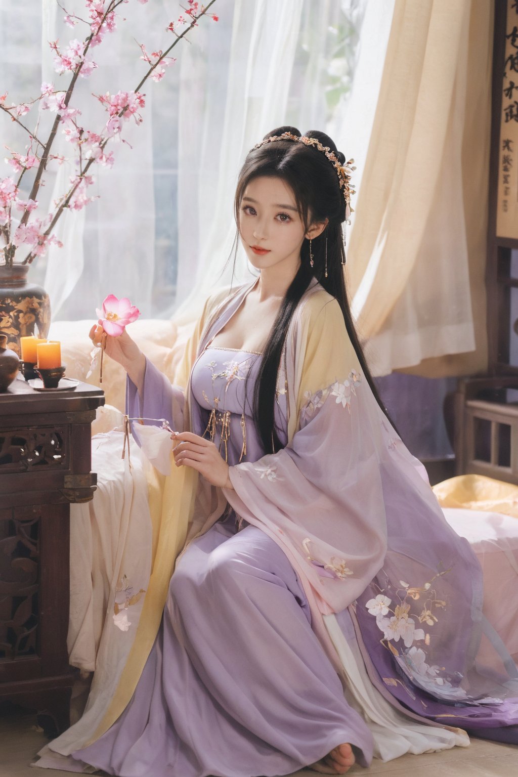 (masterpiece, best quality:1.2),1girl, solo, long hair, black hair,Hairpins,necklace, hair ornament, dress, full body, (huge breasts:2.29), (full breasts:1.69),flower, earrings, indoors, hair bun, (light purple-yellow dress:1.29),(Tube top Hanfu long skirt:1.1), pillow, bed, night, chinese clothes, table, branch,daxiushan, ,daxiushan style,(huge breasts:2.39), (full breasts:1.79), realistic,hanfu, daxiushan,Shoulders are exposed, , daxiushan, arien_hanfu, FilmGirl,,Xyunxiao,weijin_hanfu,Xningyudie