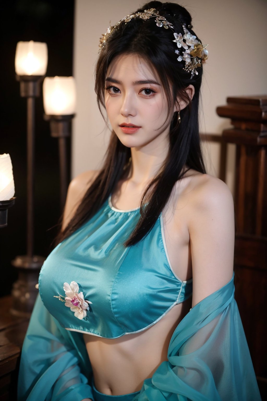   (masterpiece, best quality:1.2),1girl, navel, solo, midriff, bare shoulders, lantern, hair ornament, flower, hair flower, paper lantern, black hair, red lips, looking at viewer, chinese clothes, (light cyan dress:1.23), purple eyes,blurry, solo focus, long hair, lips, night, lipstick, outdoors, upper body, blurry,(huge breasts:1.46), background, solo, makeup, hair bun,Xyunxiao