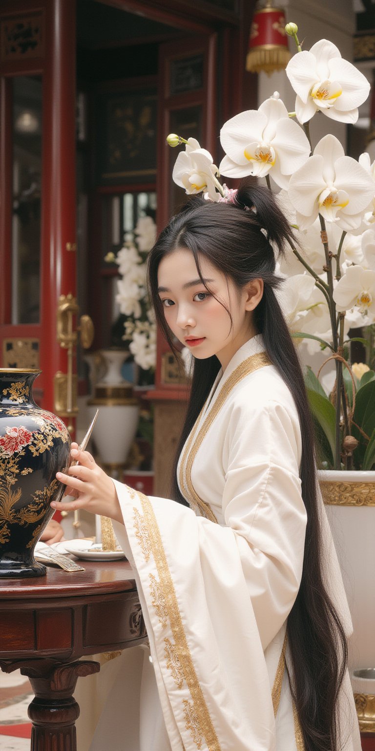 best quality,1girl,A picture composed of gold, white, black and red, a cloisonné Chinese vase on the classical Chinese desk, with gladioli and large white phalaenopsis. A young ancient oriental woman with long flowing hair, delicate facial features and delicate eyes, wearing white Hanfu, is writing calligraphy with a brush.