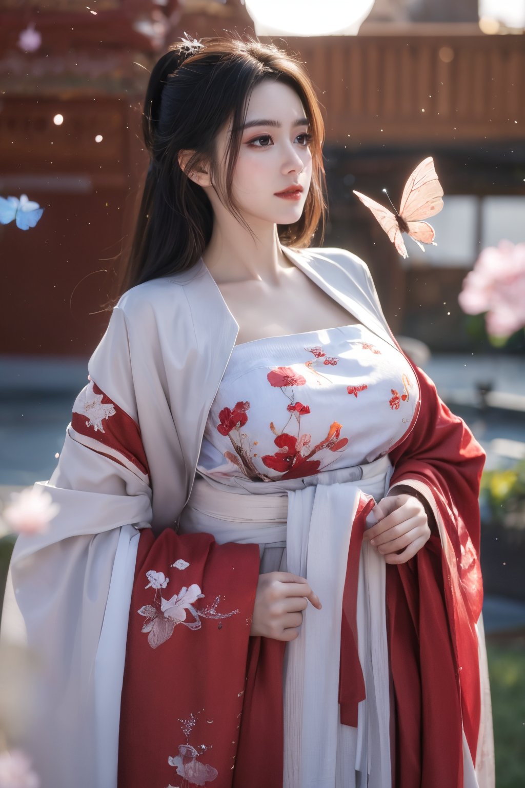 (masterpiece, best quality:1.2), highres, extremely detailed, 1 girl, very long hair, eye highlights,
BREAK,
(red hanfu dress:1.39), frills, outdoors, flower, fluttering petals, pefect body, depth of field,pastel color, Depth of field,garden of the sun,shiny,flowers, garden, 1girl, (butterfly style, butterflies:1.23), ultra detailed, glary,Light, light particles,glitter,reflect,,(big breasts:1.62),Xyunxiao,(full moon:1.39),