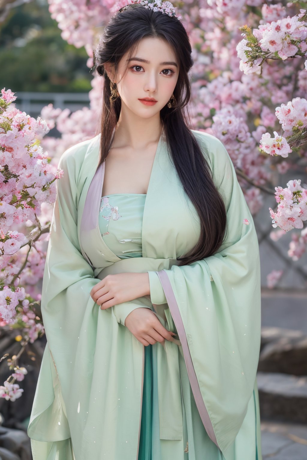 (masterpiece, best quality:1.2), highres, extremely detailed, 1 girl, purple hair, eye highlights,BREAK,(light green hanfu dress:1.39), frills, outdoors, flower, fluttering petals, upper body, depth of field,pastel color, Depth of field,garden of the sun,shiny,flowers, garden, 1girl, butterfly style, butterflies, ultra detailed, glary,Light, light particles,glitter,reflect,,(big breasts:1.69),Xyunxiao,(full moon:1.29),waterfall 