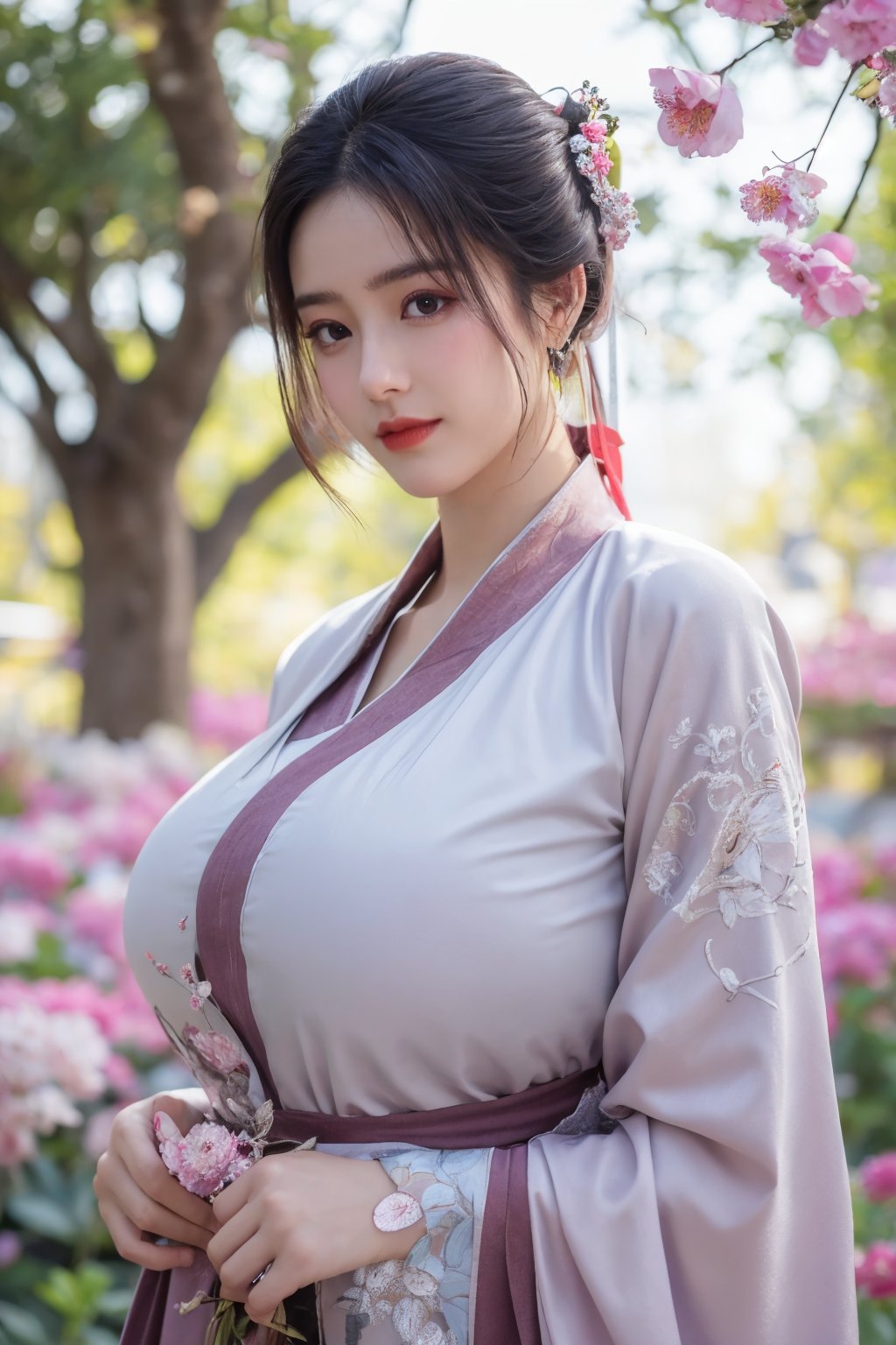 (masterpiece, best quality:1.2), highres, extremely detailed, 1 girl, purple hair, eye highlights,(light red hanfu dress:1.29), frills, outdoors, flower, fluttering petals, upper body, depth of field,pastel color, Depth of field,garden of the sun,shiny,flowers, garden, 1girl, butterfly style, butterflies, ultra detailed, glary,Light, light particles,glitter,reflect,,(big breasts:1.63),Xyunxiao,(full moon:1.23)