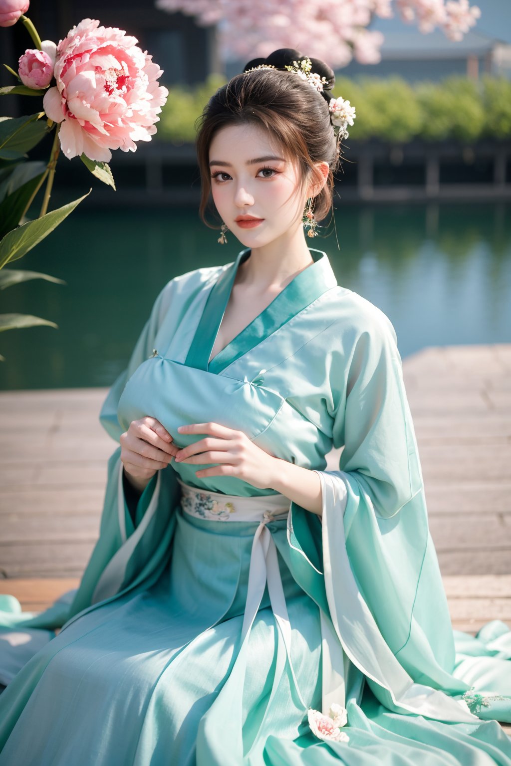 Masterpiece, Best Quality,young and beautiful Chinese girl wearing a cheongsam with coiled hair,wearing vintage Chinese earrings, (big breasts:1.45),1girl, half, (Masterpiece:1.2), best quality,arien_hanfu, 1girl, (spring scene:1.59), (light green hanfu dress:1.29),looking_at_viewer, (big breasts:1.69),Young beauty spirit,(The background is the Forbidden City1.39),Xyunxiao,(Large aperture, blurred background, spring scene, peony flowers:1.39)