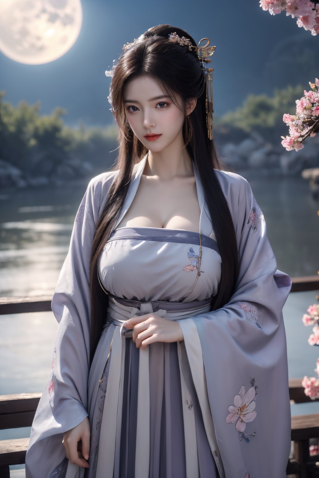 (masterpiece, best quality:1.2), highres, extremely detailed, 1girl, purple hair, eye highlights,BREAK,(light purple hanfu dress:1.39), frills, outdoors, flower, fluttering petals, upper body, depth of field,pastel color, Depth of field,(garden of the sun,shiny,flowers, garden, 1girl, butterfly style, butterflies:1.23), ultra detailed, glary,Light, light particles,glitter,reflect,(big breasts:1.69),Xyunxiao,(full moon:1.39),waterfall 