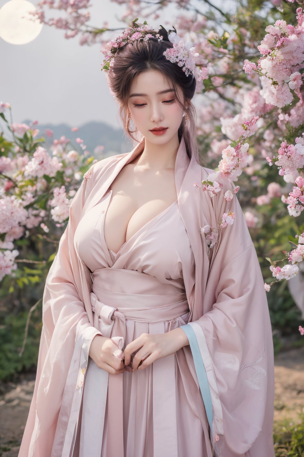 (masterpiece, best quality:1.2), highres, extremely detailed, 1girl, purple hair, eye highlights,BREAK,(light pink hanfu dress:1.39), frills, outdoors, flower, fluttering petals, upper body, depth of field,pastel color, Depth of field,(garden of the sun,shiny,flowers, garden, 1girl, butterfly style, butterflies:1.23), ultra detailed, glary,Light, light particles,glitter,reflect,(big breasts:1.69),Xyunxiao,(full moon:1.39),waterfall 