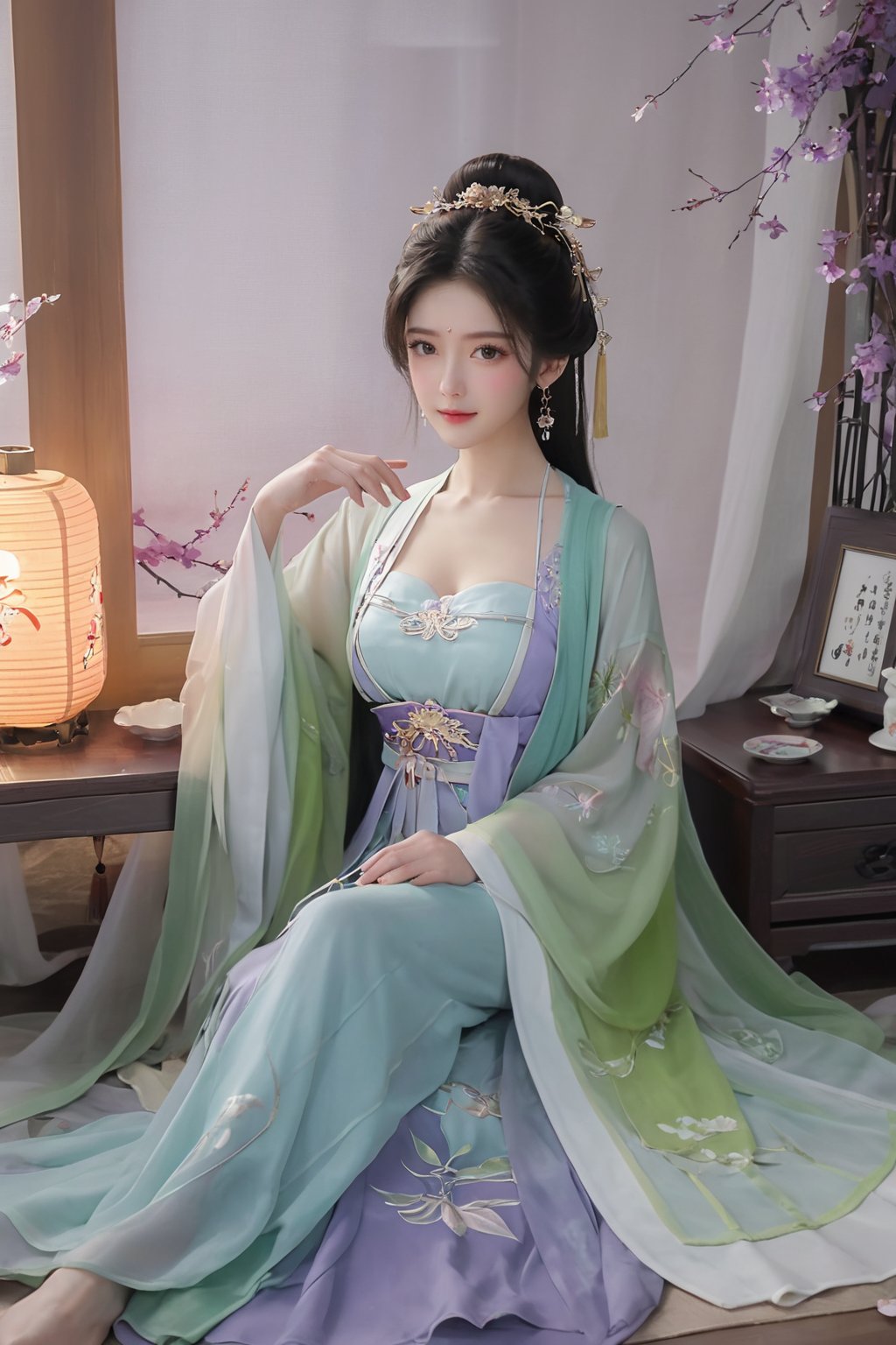 (masterpiece, best quality:1.2),1girl, solo, long hair, black hair,Hairpins,necklace, hair ornament, dress, full body, flower, earrings, indoors, hair bun, (purple-green dress:1.23),(Tube top Hanfu long skirt:1.1), pillow, bed, night, chinese clothes, table, branch,daxiushan, ,daxiushan style,(huge breasts:1.99), (full breasts:1.59), realistic,hanfu, daxiushan,Shoulders are exposed, , daxiushan, arien_hanfu, FilmGirl,Xningyudie