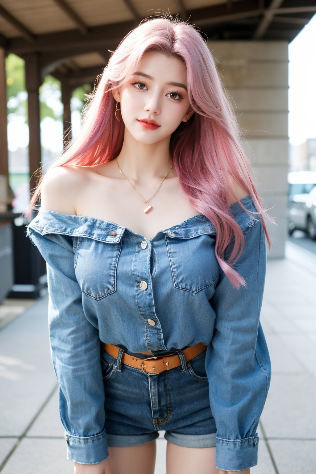 A young woman with vibrant pink hair and long locks framing her heart-shaped face. She gazes directly at the viewer, a warm smile spreading across her closed-mouthed lips. Her green eyes sparkle as she wears a white shirt with a jacket open to reveal a belt and necklace. A bag slung over her shoulder, she stands confidently, her denim jacket worn over a blue one, creating a sense of depth and texture in the blurred background.,Xyunxiao,(big breasts:1.39),