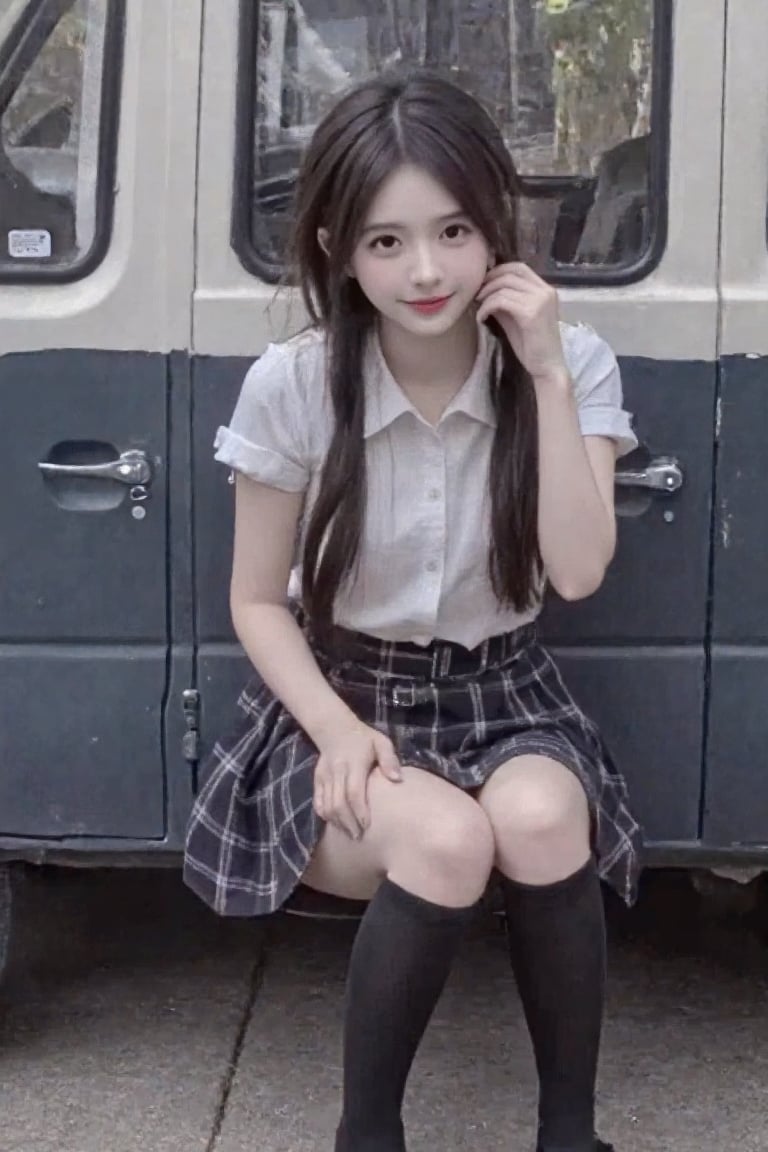 1girl, solo, long hair, looking at viewer, smile, skirt, shirt, black hair, sitting, school uniform, white shirt, short sleeves, socks, black eyes, head tilt, plaid, kneehighs, cosplay, plaid skirt, ground vehicle, black socks, realistic, hand on own cheek, 