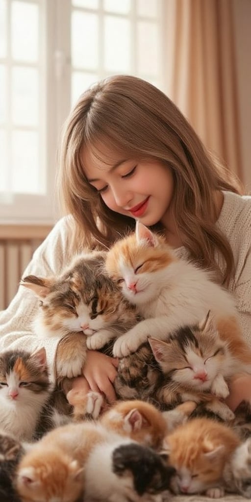 "Create a hyperrealistic image of a woman smiling and holding an extremely large Maine Coon cat surrounded by many small kittens. The Maine Coon has a majestic, fluffy coat and a calm, regal expression. The kittens are adorable, each with different fur patterns, mostly brown and white, and a few with orange tones. The woman has long brown hair and wears a white top, expressing joy and affection towards the cats. The background is softly lit by natural sunlight filtering through light curtains, giving a warm, cozy atmosphere."
