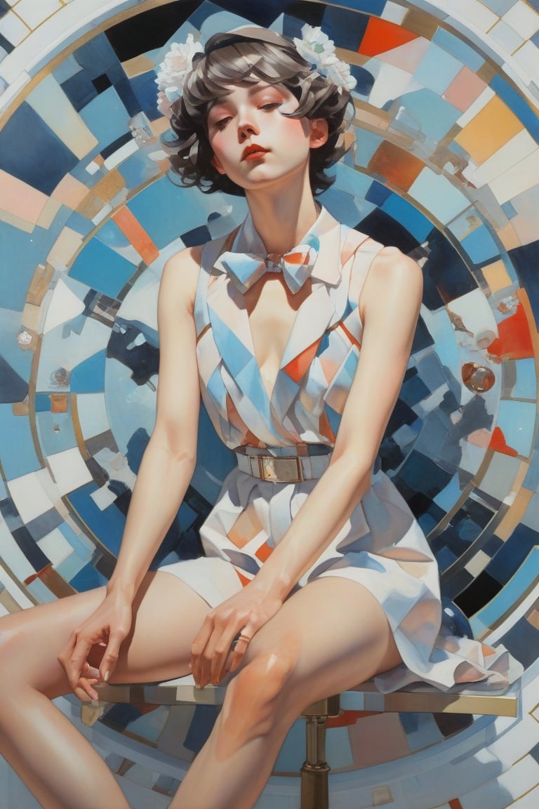 art by Makoto Shinkai, art by J C Leyendecker, norman rockwell, ilya kuvshinov, flat colors, gouache painting, 1girl, all  body shot , hypermaximalist, juxtapositions extraordinaire,(partially made out of geometric shape figures:1.4), inkblots, made of crystals, flat colors, flat style