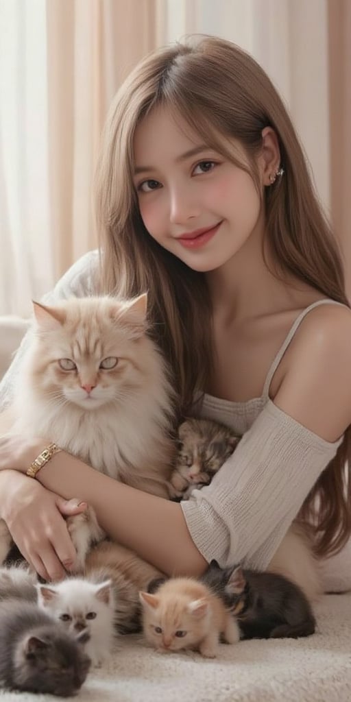 "Create a hyperrealistic image of a woman smiling and holding an extremely large Maine Coon cat surrounded by many small kittens. The Maine Coon has a majestic, fluffy coat and a calm, regal expression. The kittens are adorable, each with different fur patterns, mostly brown and white, and a few with orange tones. The woman has long brown hair and wears a white top, expressing joy and affection towards the cats. The background is softly lit by natural sunlight filtering through light curtains, giving a warm, cozy atmosphere."
