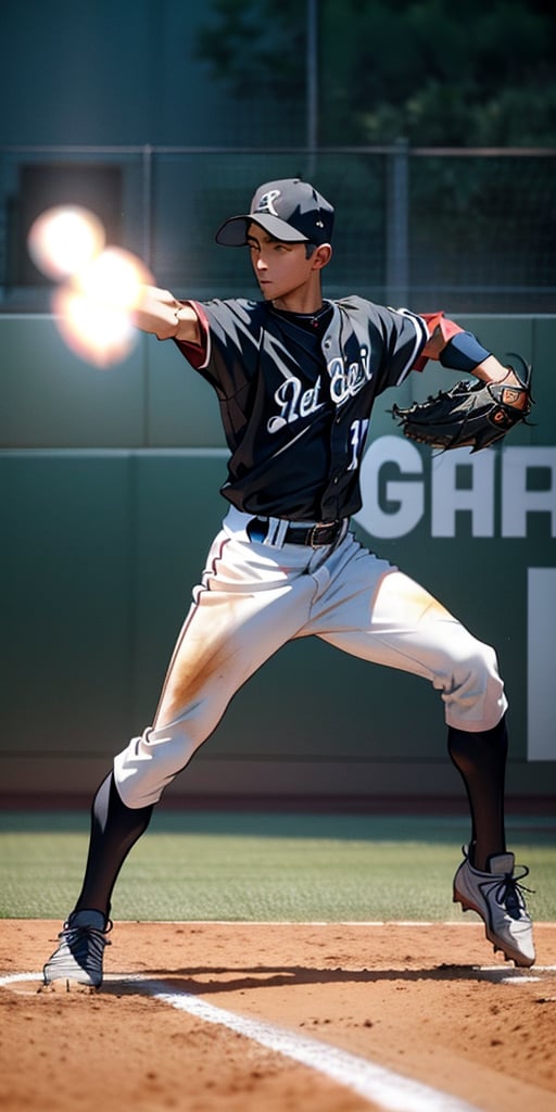A realistic scene of a baseball player diving towards a base. The player is mid-air,  arms outstretched,  reaching for the...