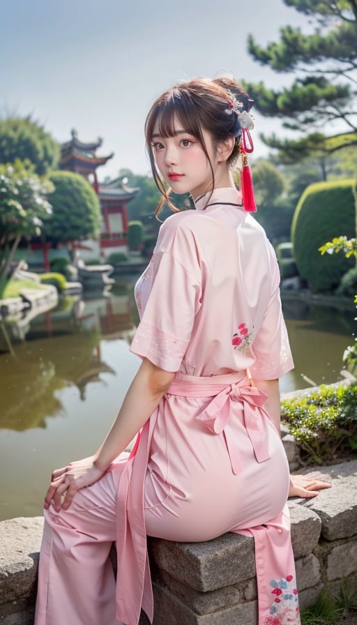 "Surreal scene from behind: In a Chinese garden on the Moon, there is a rockery and a small pond. An East Asian girl with fair skin is sitting on the chair of a telescope aimed at the Earth hanging high in the sky. She is wearing a low-cut pink Hanfu. The details are intricate, ultra-high resolution, extremely detailed, HDR."