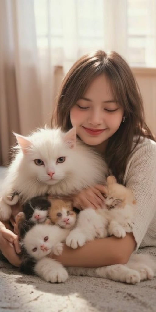 "Create a hyperrealistic image of a woman smiling and holding an extremely large Maine Coon cat surrounded by many small kittens. The Maine Coon has a majestic, fluffy coat and a calm, regal expression. The kittens are adorable, each with different fur patterns, mostly brown and white, and a few with orange tones. The woman has long brown hair and wears a white top, expressing joy and affection towards the cats. The background is softly lit by natural sunlight filtering through light curtains, giving a warm, cozy atmosphere."
