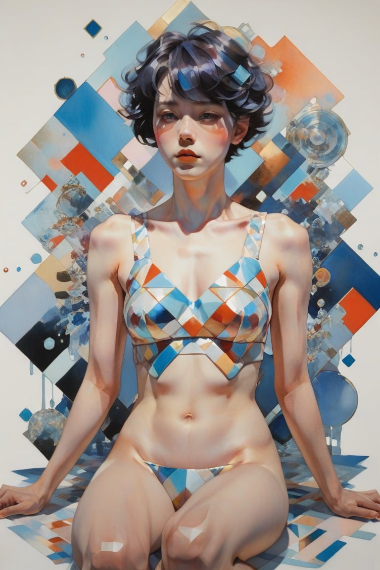 art by Makoto Shinkai, art by J C Leyendecker, norman rockwell, ilya kuvshinov, flat colors, gouache painting, 1girl, all  body shot , hypermaximalist, juxtapositions extraordinaire,(partially made out of geometric shape figures:1.4), inkblots, made of crystals, flat colors, flat style