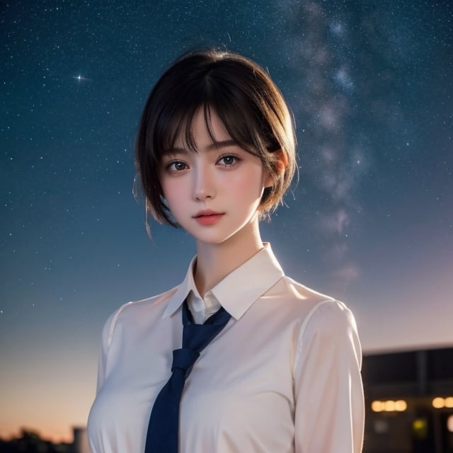 masterpiece, best quality, 1 girl, solo, ((an extremely delicate and beautiful)),school uniform, italian girl ,age 18, milky white skin,beautiful detailed eyes, short  hair,at night , beautiful starry sky, 