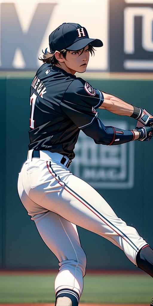 A realistic scene of a baseball player hitting the ball. The batter is mid-swing,  with the bat connecting with the ball....