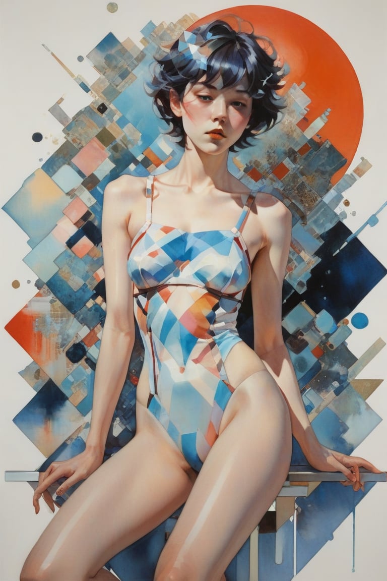 art by Makoto Shinkai, art by J C Leyendecker, norman rockwell, ilya kuvshinov, flat colors, gouache painting, 1girl, all  body shot , hypermaximalist, juxtapositions extraordinaire,(partially made out of geometric shape figures:1.4), inkblots, made of crystals, flat colors, flat style