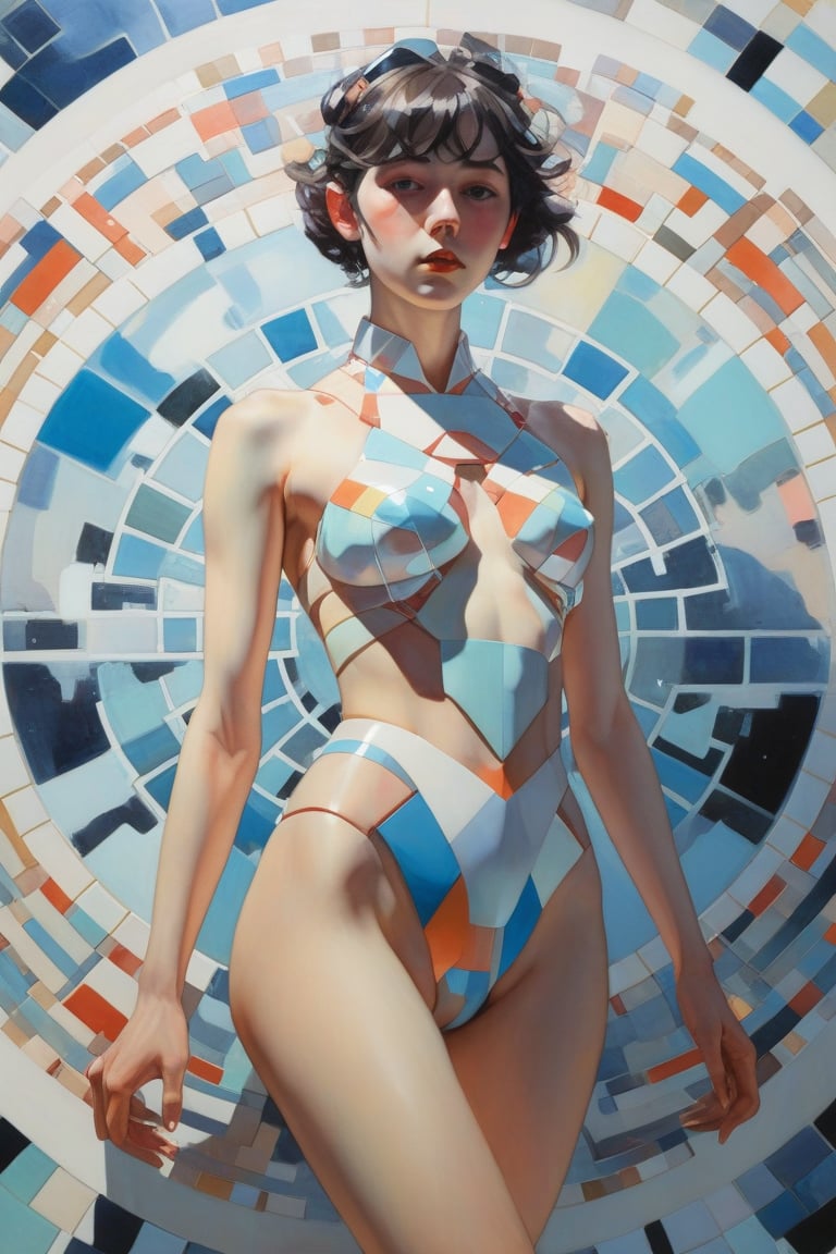 art by Makoto Shinkai, art by J C Leyendecker, norman rockwell, ilya kuvshinov, flat colors, gouache painting, 1girl, all  body shot , hypermaximalist, juxtapositions extraordinaire,(partially made out of geometric shape figures:1.4), inkblots, made of crystals, flat colors, flat style