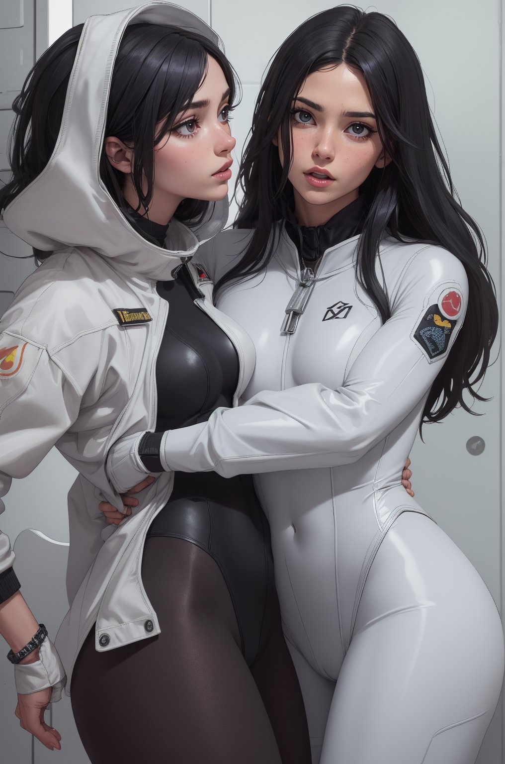 (RAW photo, best quality), (realistic, photo-Realistic:1.1), best quality, masterpiece, ultra realistic illustration, siena natural ratio,	(urban fantasy theme:1.1),	2girls, (right girl is white girl black hair, white glossy rubbersuit ; left girl is germany girl golden hair, pink rubbersuit, look each other eyes), lesbian caress, lesbian intimacy, tribadism, naked, pantyhose, lick nipple, realistic, detail face, lips,  in space station,   pubic hair, freckles
rubbersuit,bodysuit,lesbian,rubbersuit02,jack