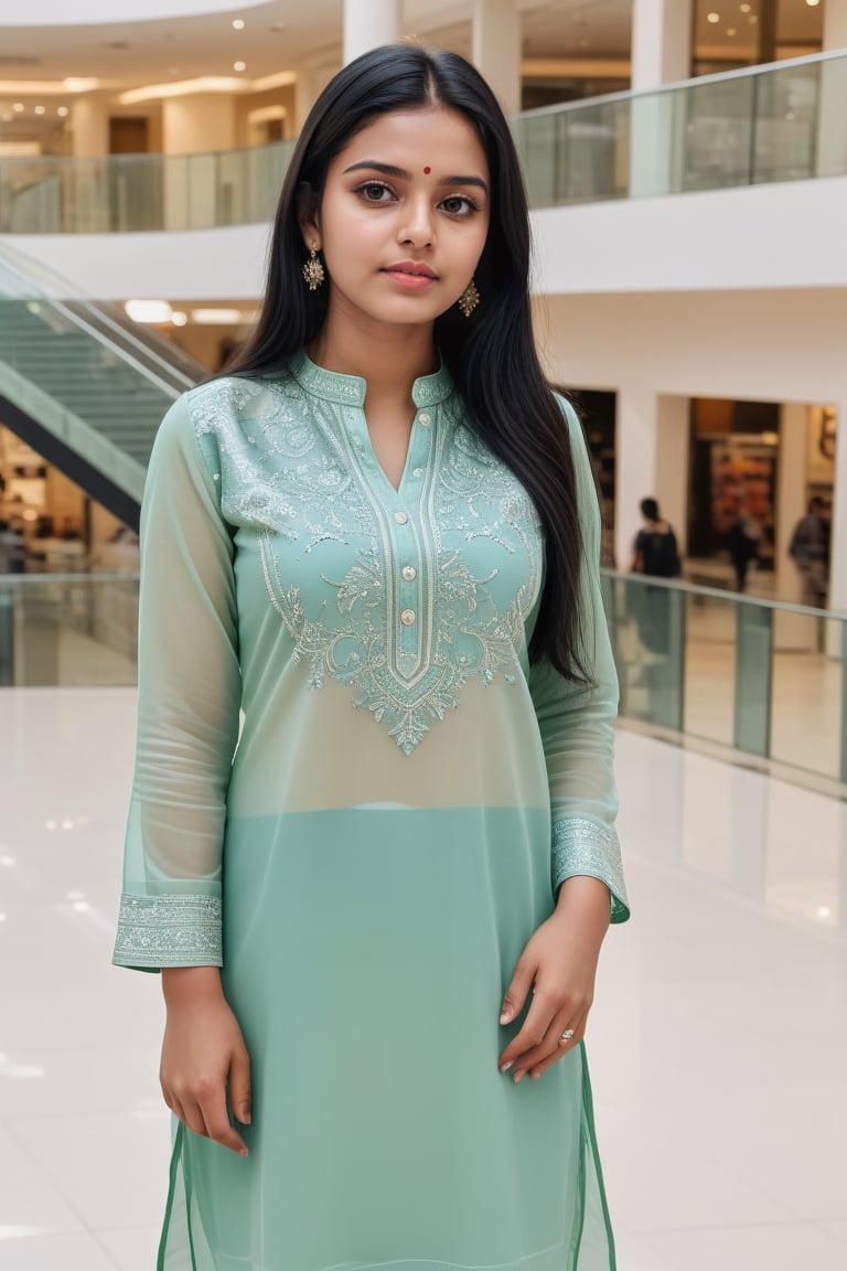 An indian girl wearing  fancy kurta standing inside a shopping mall, the girl is 23 years old, long black hair, nice fair body, super realistic 8k portrait, clear background, standing in a mall, chubby short girl, visible background, fat girl, stylish pose, taking selfie ,<lora:659095807385103906:1.0>