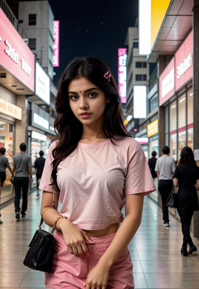 Indian girl wearing pink fancy  t shirt standing outside a shopping mall with lights, the girl with down looking style pose, the girl is holding a purse