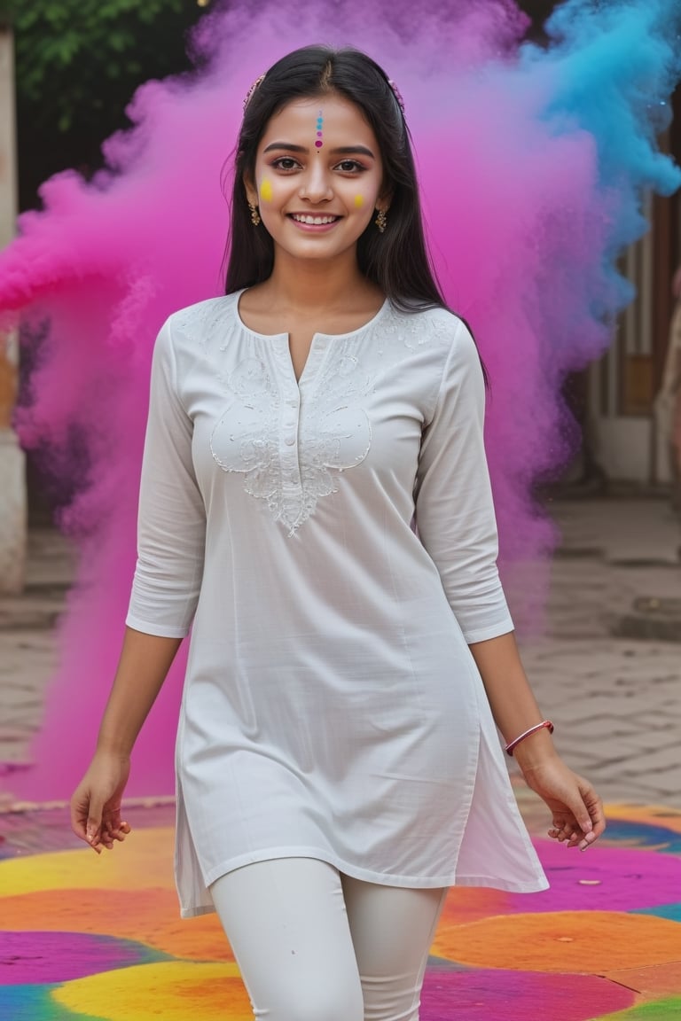 An indian girl wearing( White  Kurta and white leggings and duppata on her shoulders ) standing in a celebration, colorful dusts in the air, colorful rangoli in the air , people are playing in the background , the girl is 23 years old, long black hair, nice fair body, super realistic 8k portrait, clear background with  , chubby short girl, visible background, slim girl, stylish pose, the girl is also playing with colors powder and looking with smiling face to viewer , (do not blur background 1.2), (all backgrounds are visible) ,<lora:659095807385103906:1.0>